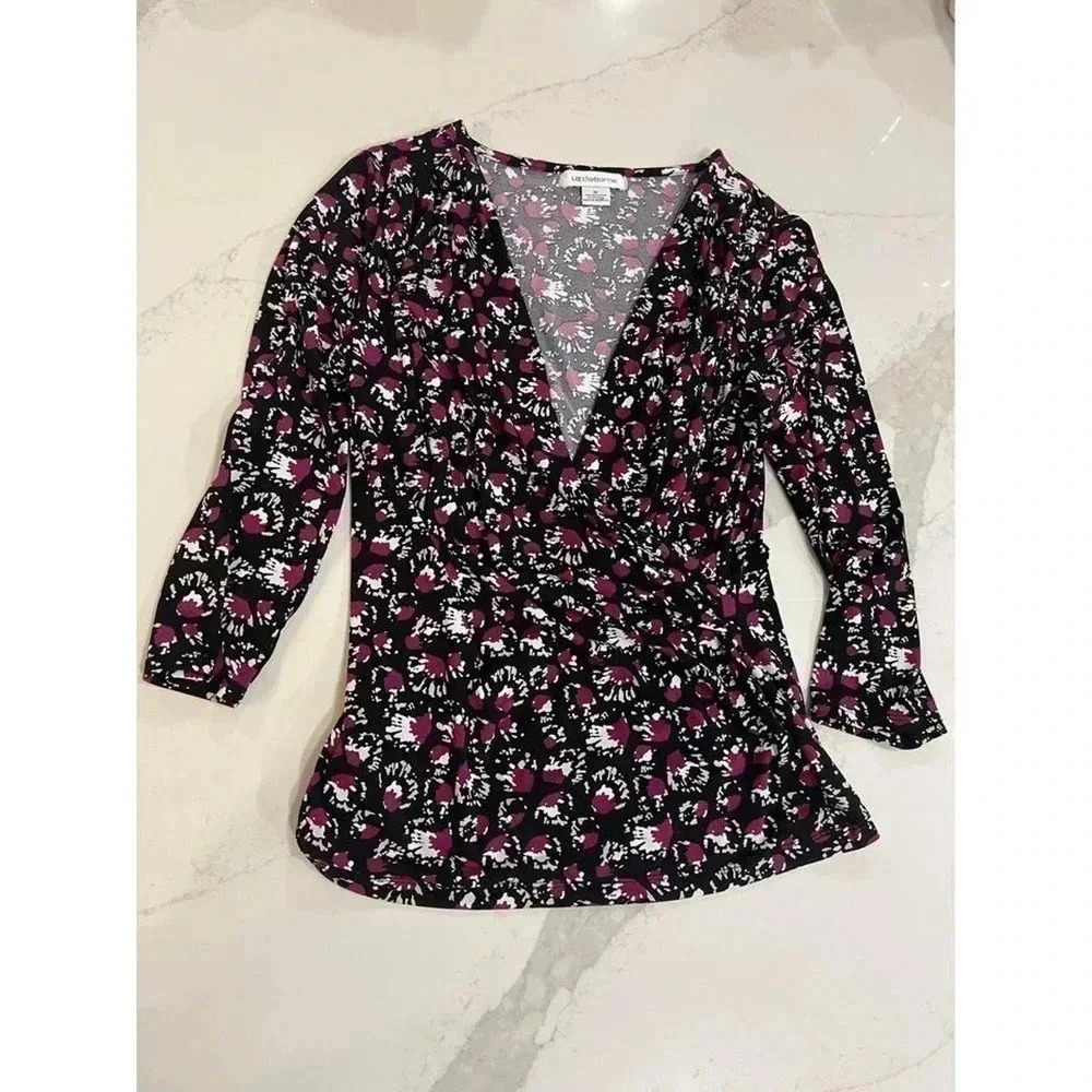 Women’s Liz Claiborne Faux Wrap Top Black and Purple Print Size Medium